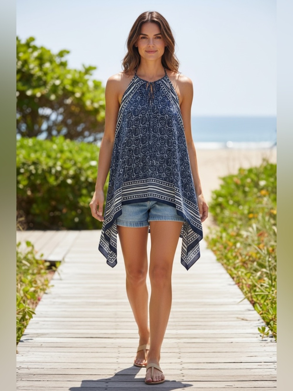 MAX EDITION Navy &White Patterned Handkerchief Hem halter style top size small